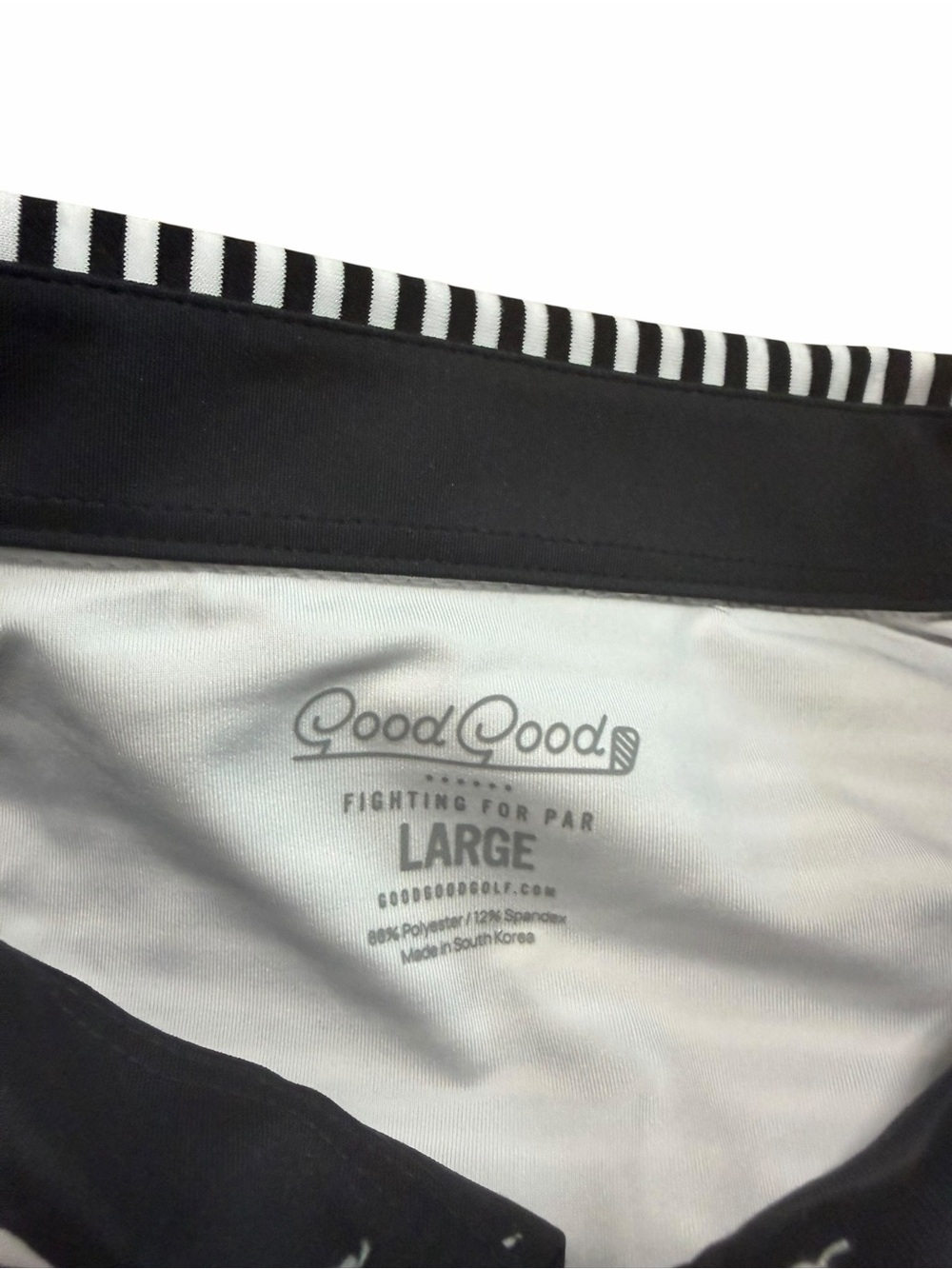 Good Good Golf Men's Black & White Striped Performance Polo | Large - Picture 3 of 5